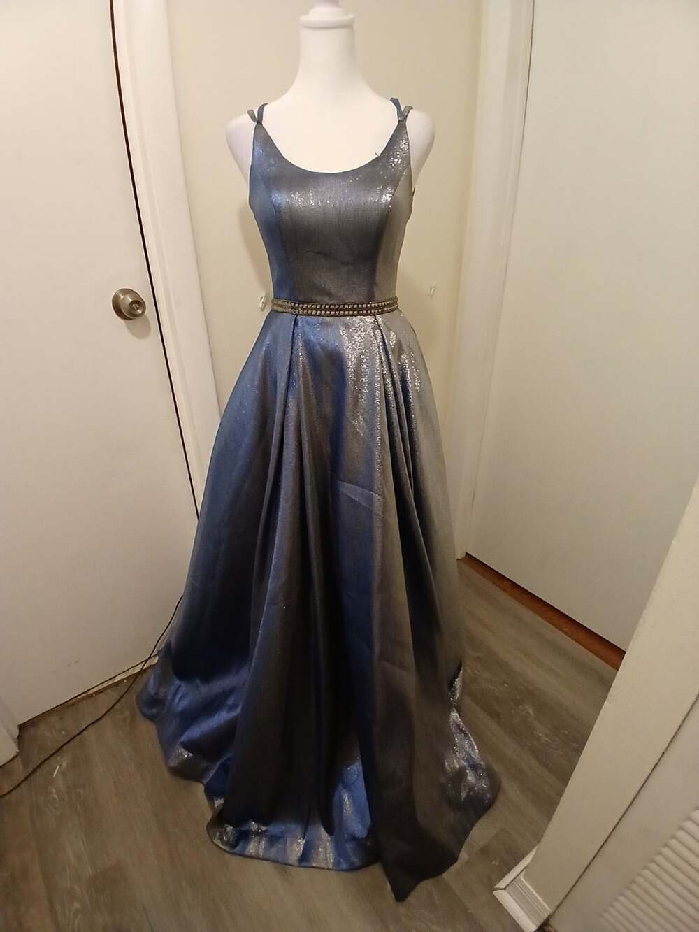 Metallic Blue Sleeveless Evening Gown with Beaded Waist